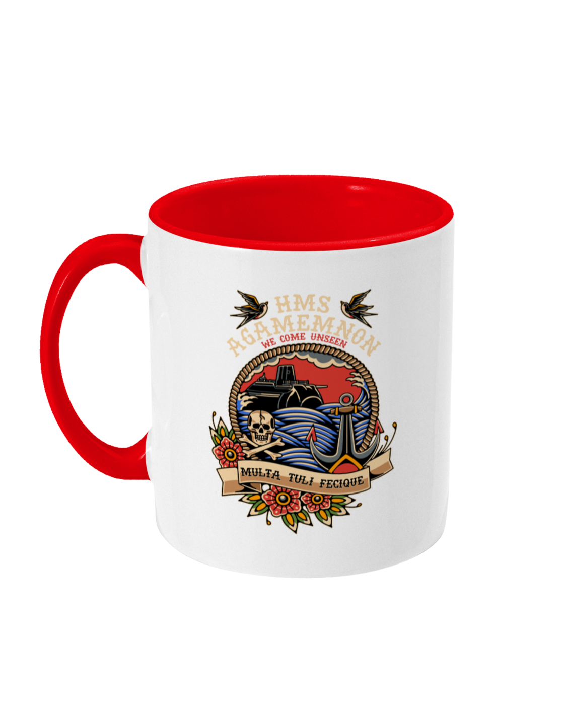 Customisable HMS Agamemnon 11oz Glossy Ceramic Mug – Personalised Text, Red Handle & Interior – Dishwasher & Microwave Safe