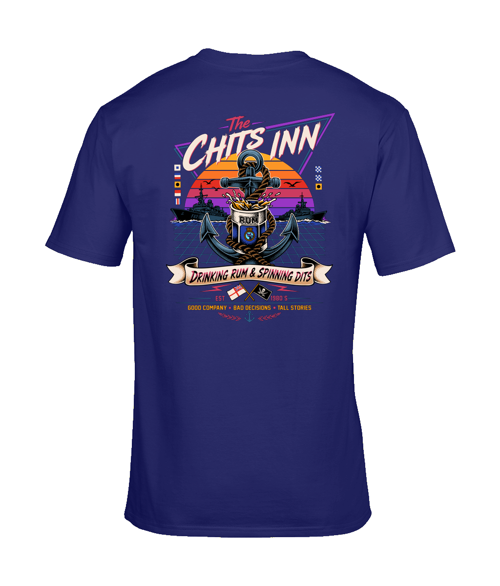The Chits Inn Retro 80’s Navy T-Shirt – Drinking Rum & Spinning Dits