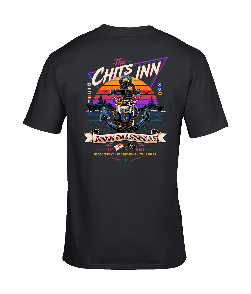 The Chits Inn Retro 80’s Navy T-Shirt – Drinking Rum & Spinning Dits