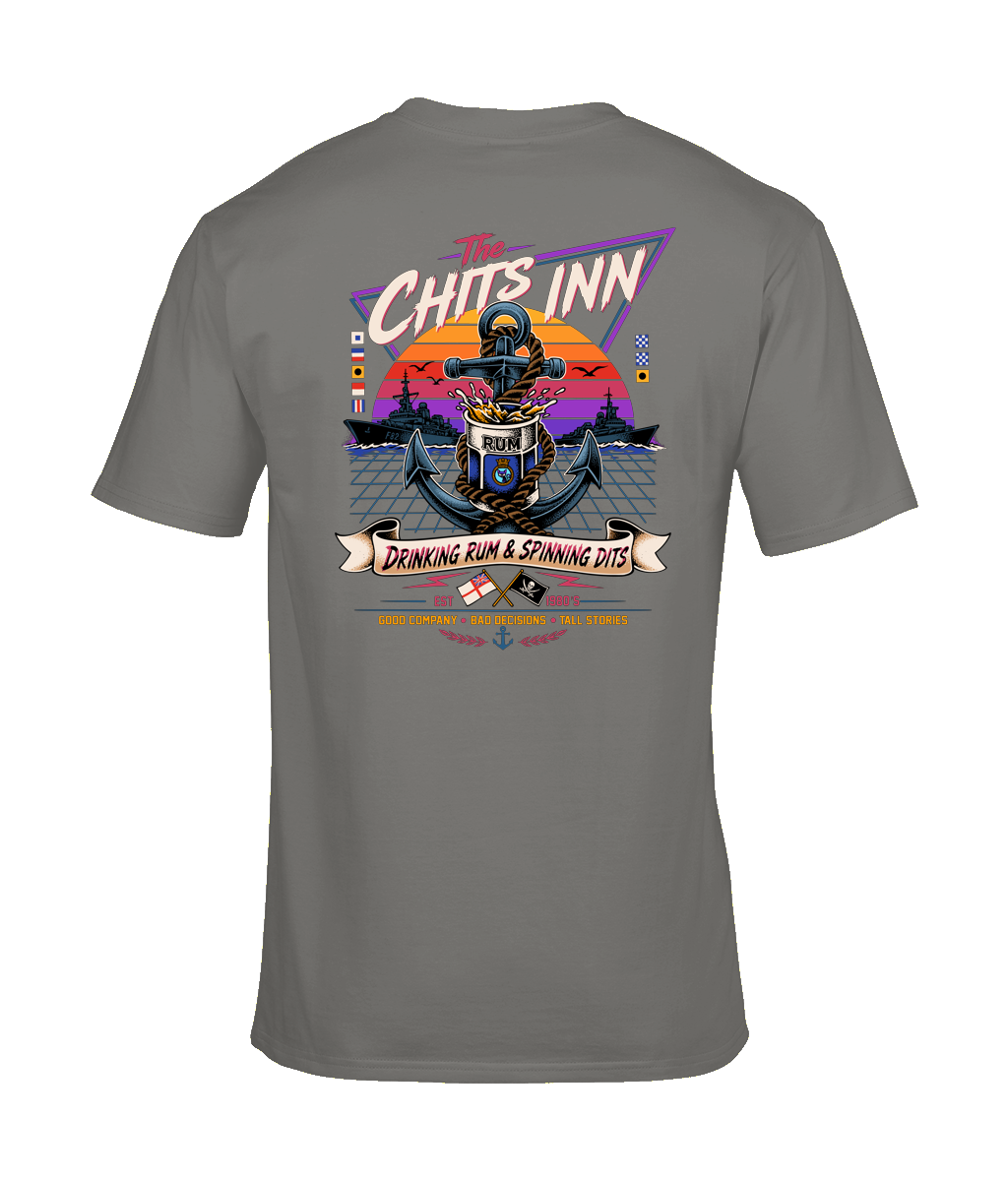 The Chits Inn Retro 80’s Navy T-Shirt – Drinking Rum & Spinning Dits