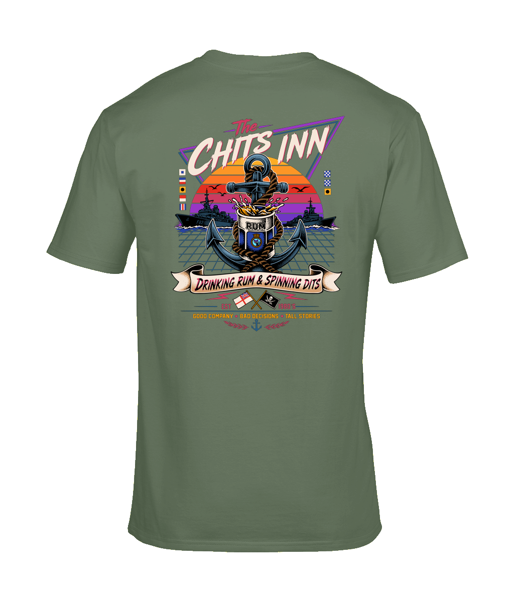 The Chits Inn Retro 80’s Navy T-Shirt – Drinking Rum & Spinning Dits