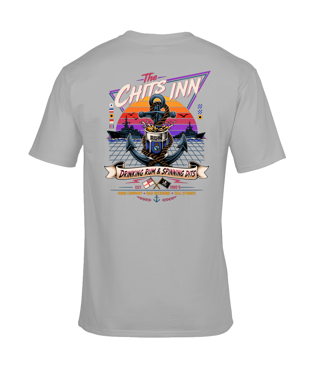 The Chits Inn Retro 80’s Navy T-Shirt – Drinking Rum & Spinning Dits