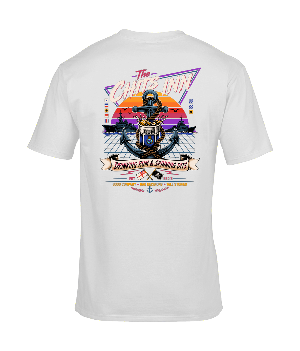 The Chits Inn Retro 80’s Navy T-Shirt – Drinking Rum & Spinning Dits