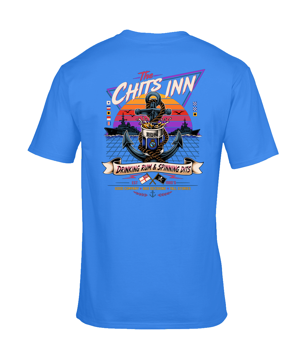 The Chits Inn Retro 80’s Navy T-Shirt – Drinking Rum & Spinning Dits