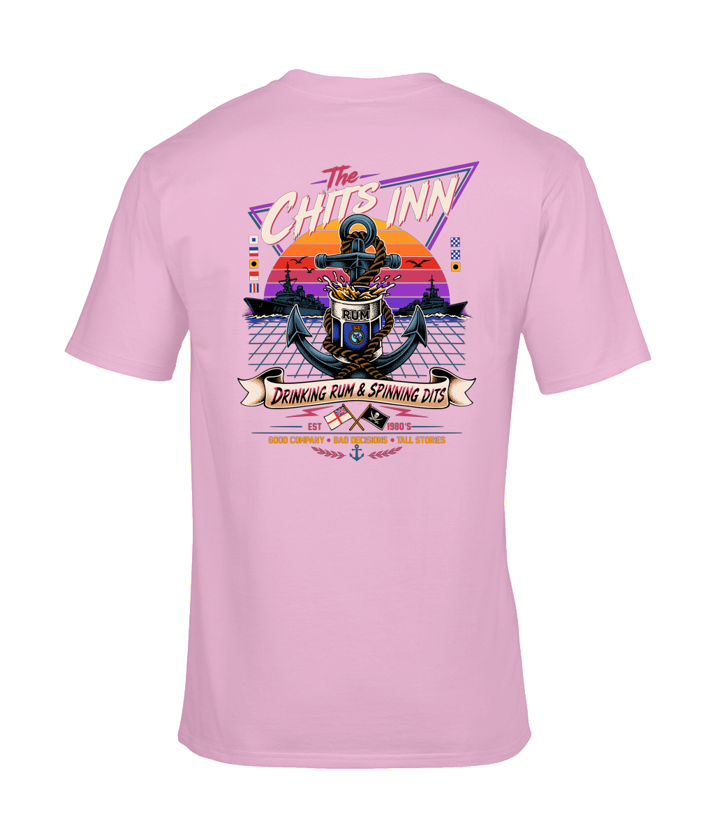The Chits Inn Retro 80’s Navy T-Shirt – Drinking Rum & Spinning Dits