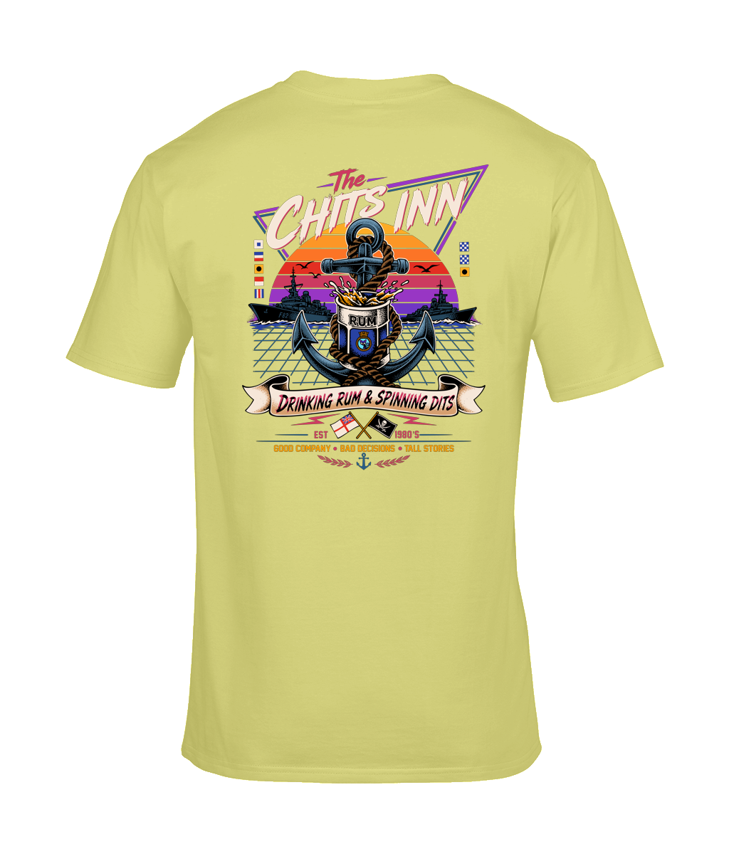 The Chits Inn Retro 80’s Navy T-Shirt – Drinking Rum & Spinning Dits
