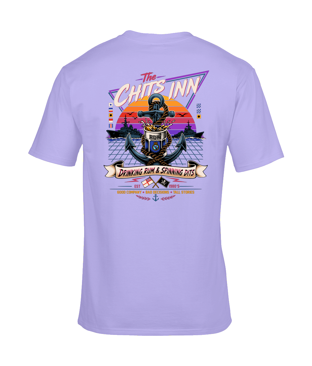 The Chits Inn Retro 80’s Navy T-Shirt – Drinking Rum & Spinning Dits