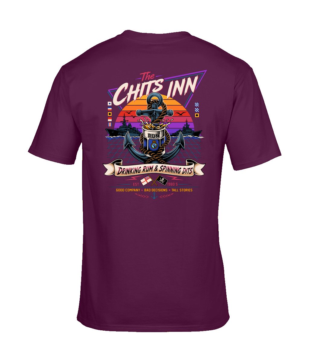 The Chits Inn Retro 80’s Navy T-Shirt – Drinking Rum & Spinning Dits