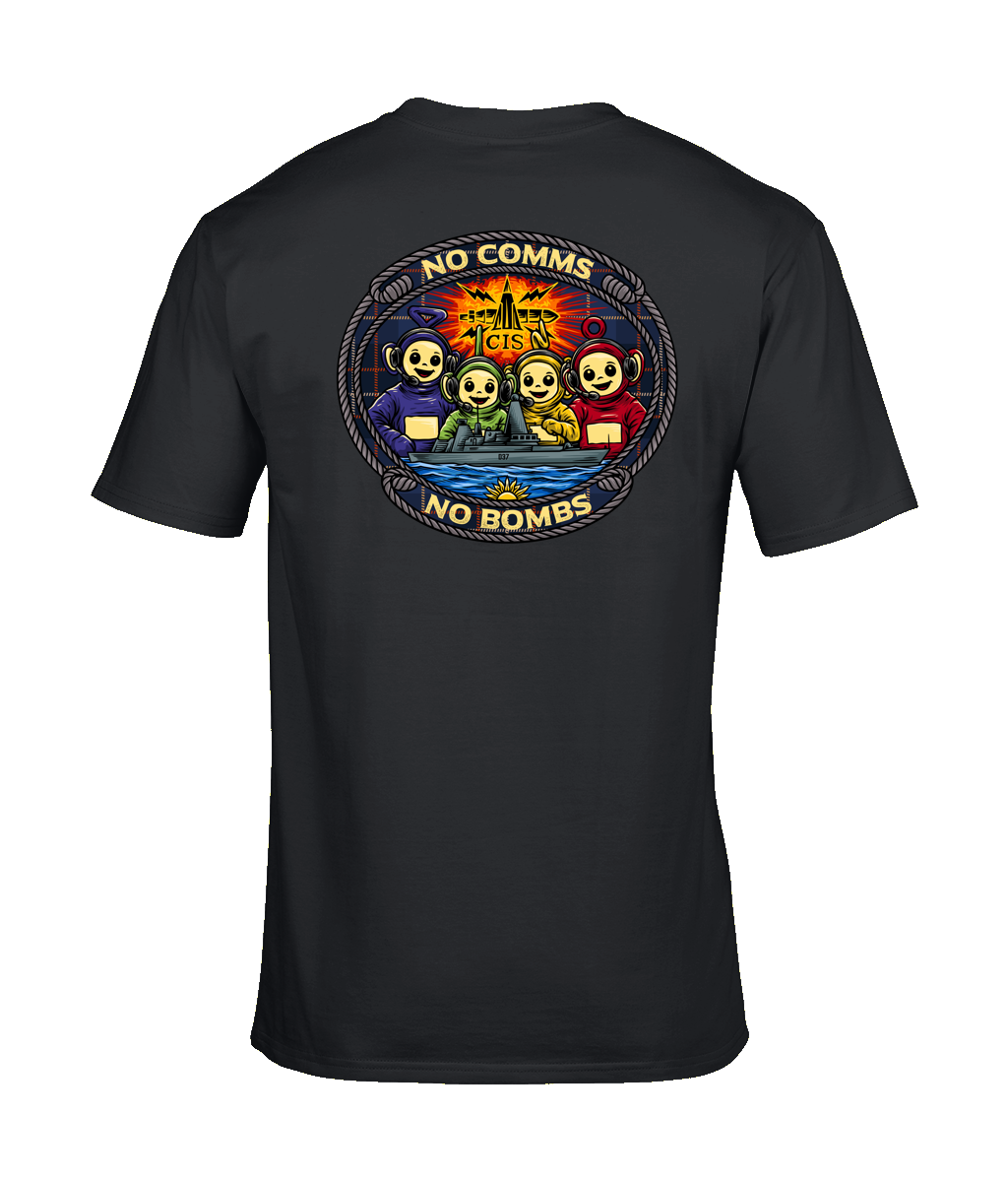Royal Navy HMS Duncan (D37) “No Comms No Bombs” T-Shirt – Customisable | 100% Cotton