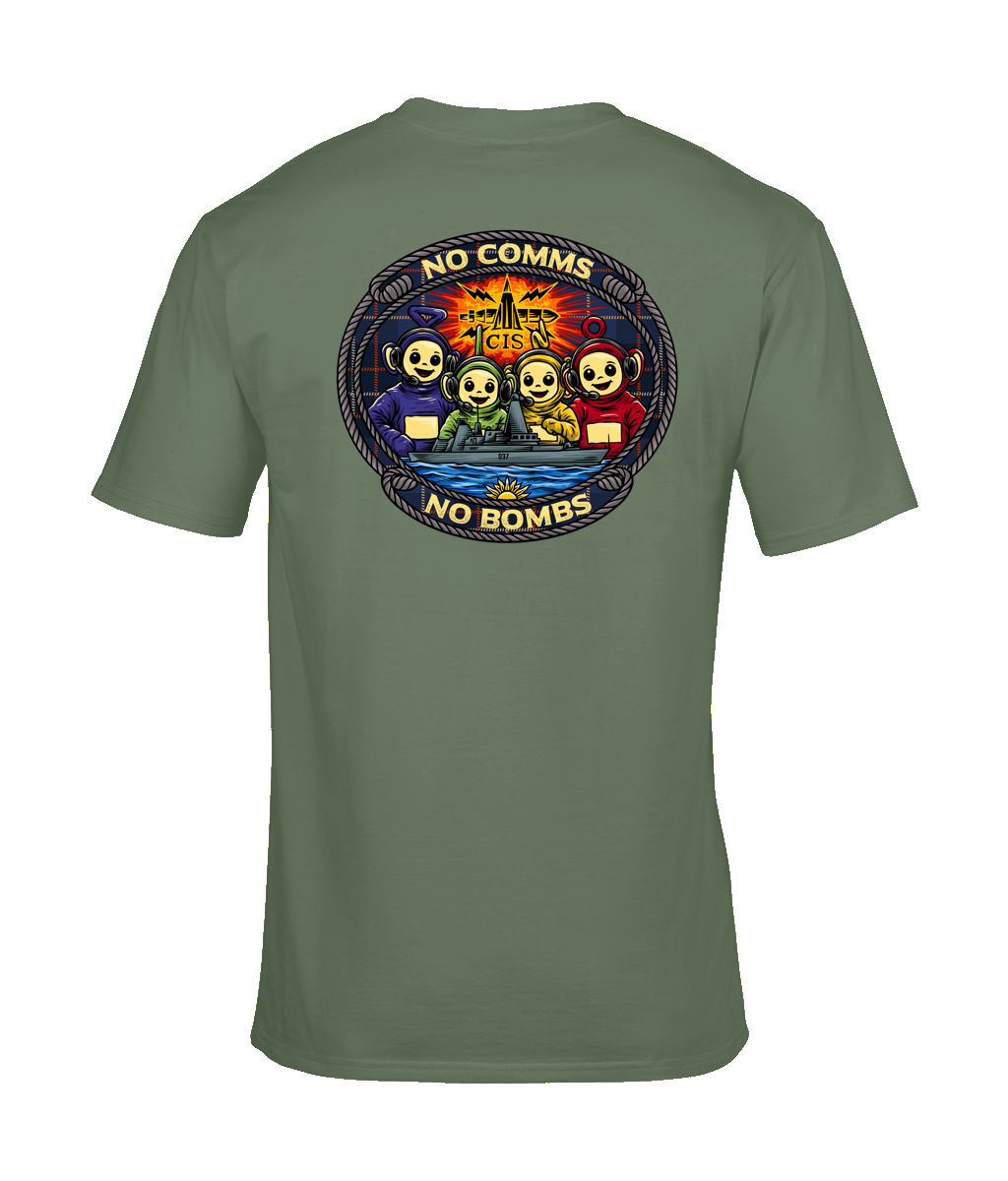 Royal Navy HMS Duncan (D37) “No Comms No Bombs” T-Shirt – Customisable | 100% Cotton