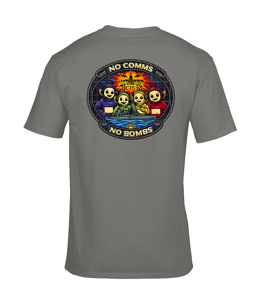 Royal Navy HMS Duncan (D37) “No Comms No Bombs” T-Shirt – Customisable | 100% Cotton