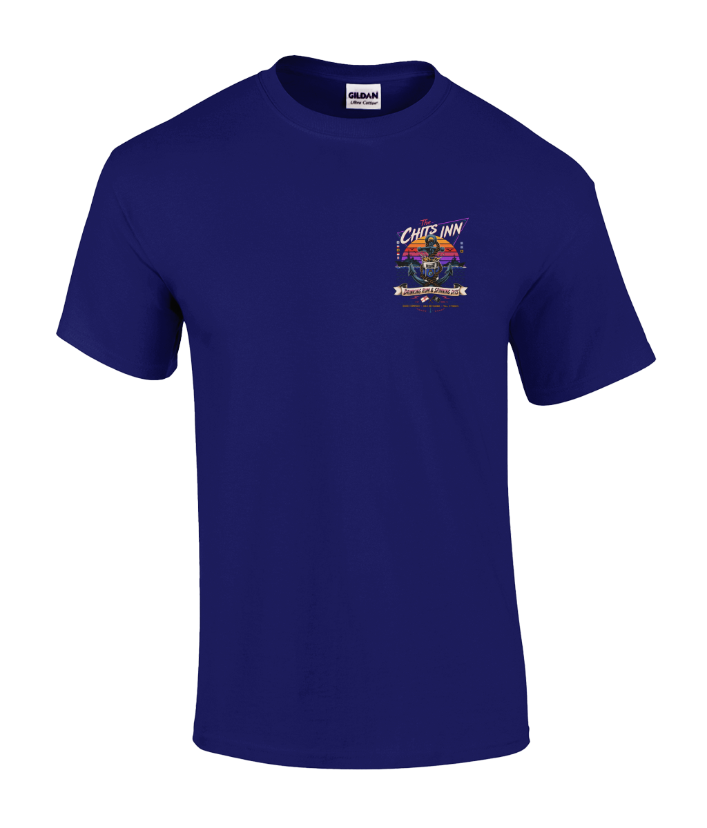 The Chits Inn Retro 80’s Navy T-Shirt – Drinking Rum & Spinning Dits