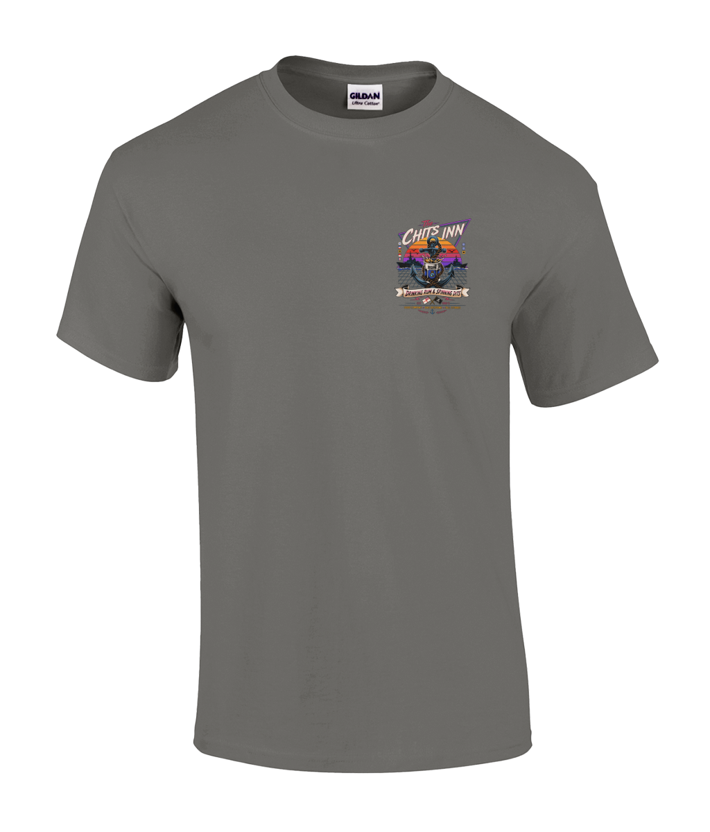 The Chits Inn Retro 80’s Navy T-Shirt – Drinking Rum & Spinning Dits
