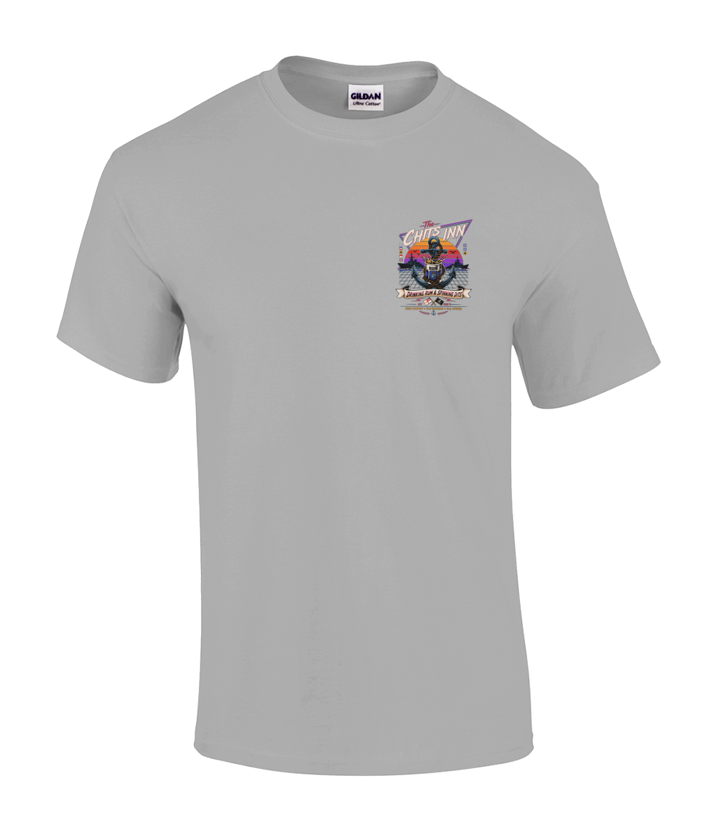 The Chits Inn Retro 80’s Navy T-Shirt – Drinking Rum & Spinning Dits