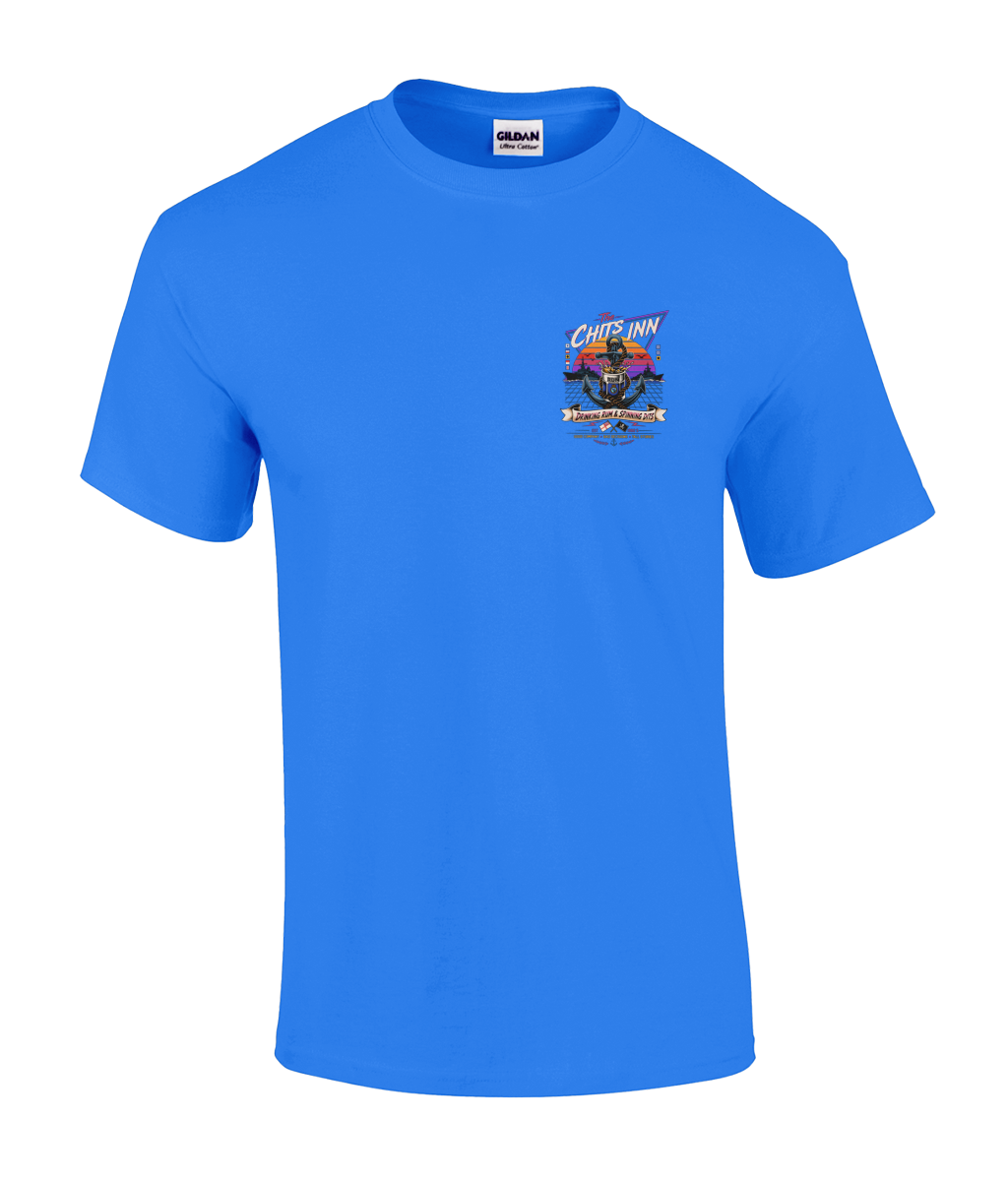 The Chits Inn Retro 80’s Navy T-Shirt – Drinking Rum & Spinning Dits