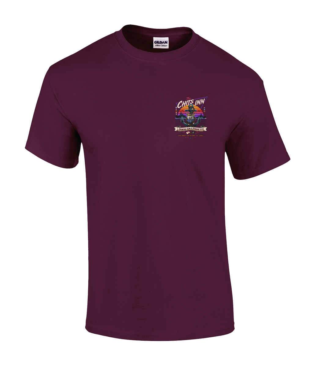 The Chits Inn Retro 80’s Navy T-Shirt – Drinking Rum & Spinning Dits
