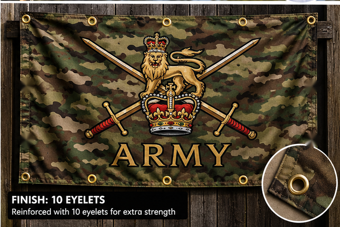 Army lion and crossed-swords artwork on a camouflage flag with ten reinforced mounting eyelets