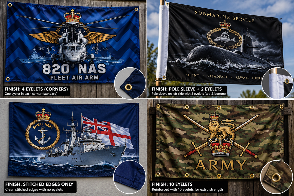 Four custom printed military flag designs showing the four finish options: corner eyelets, pole sleeve, stitched edges, and ten eyelets