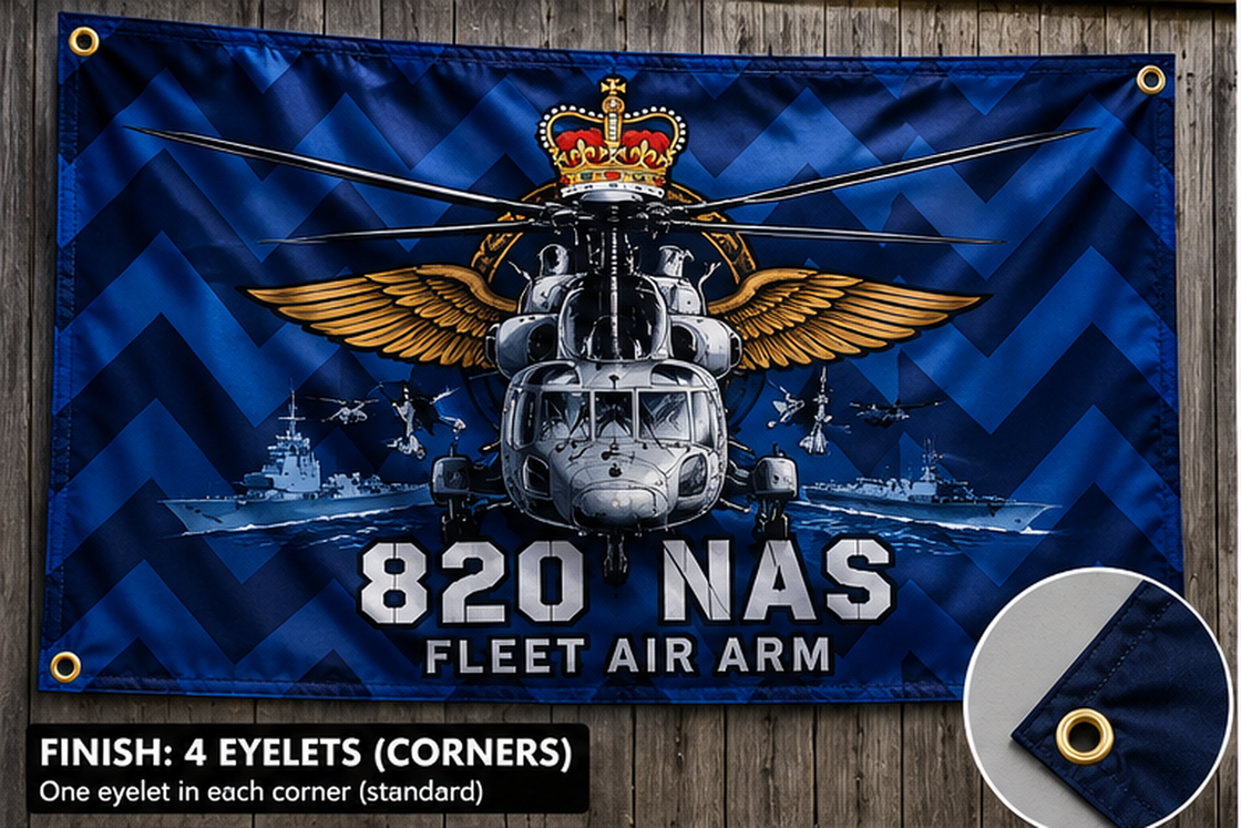 Fleet Air Arm 820 NAS flag on blue zigzag fabric with four brass eyelets, one at each corner