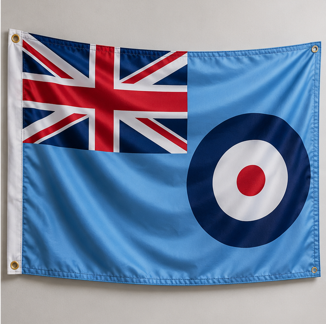 RAF Ensign-inspired custom flag on air force blue fabric with Union Flag in canton and RAF roundel