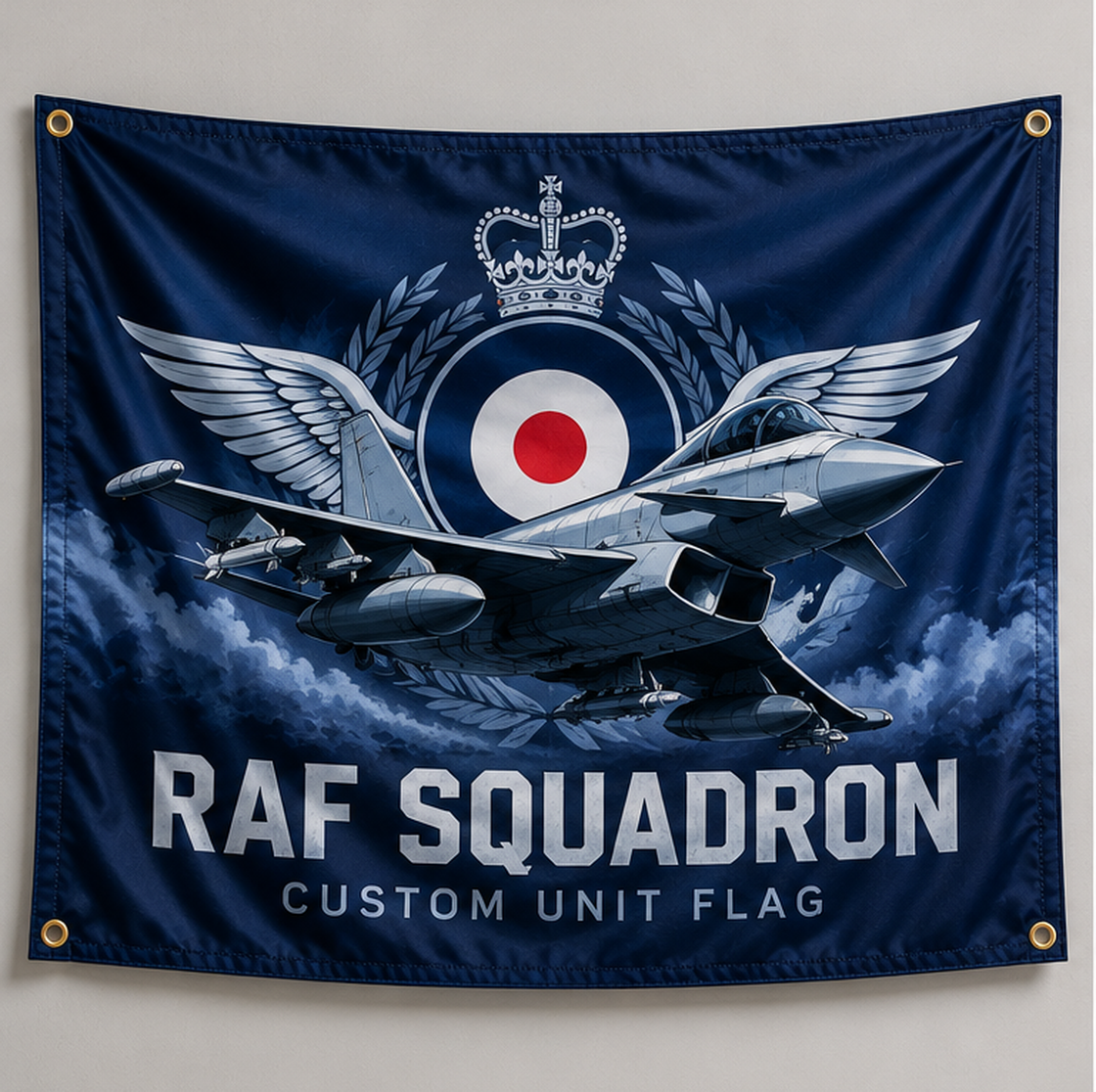 Custom RAF squadron flag in navy blue with fighter aircraft, RAF roundel and four corner eyelets