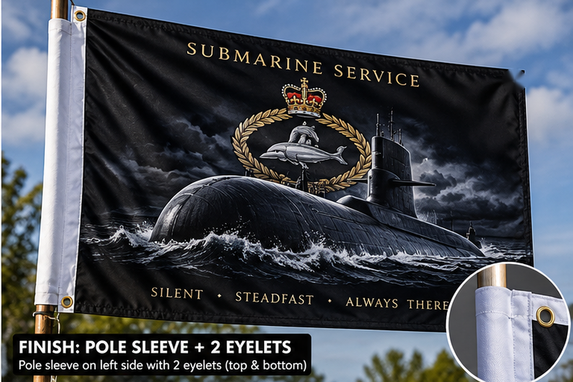 Black Submarine Service design flag with a pole sleeve and two eyelets for mounting