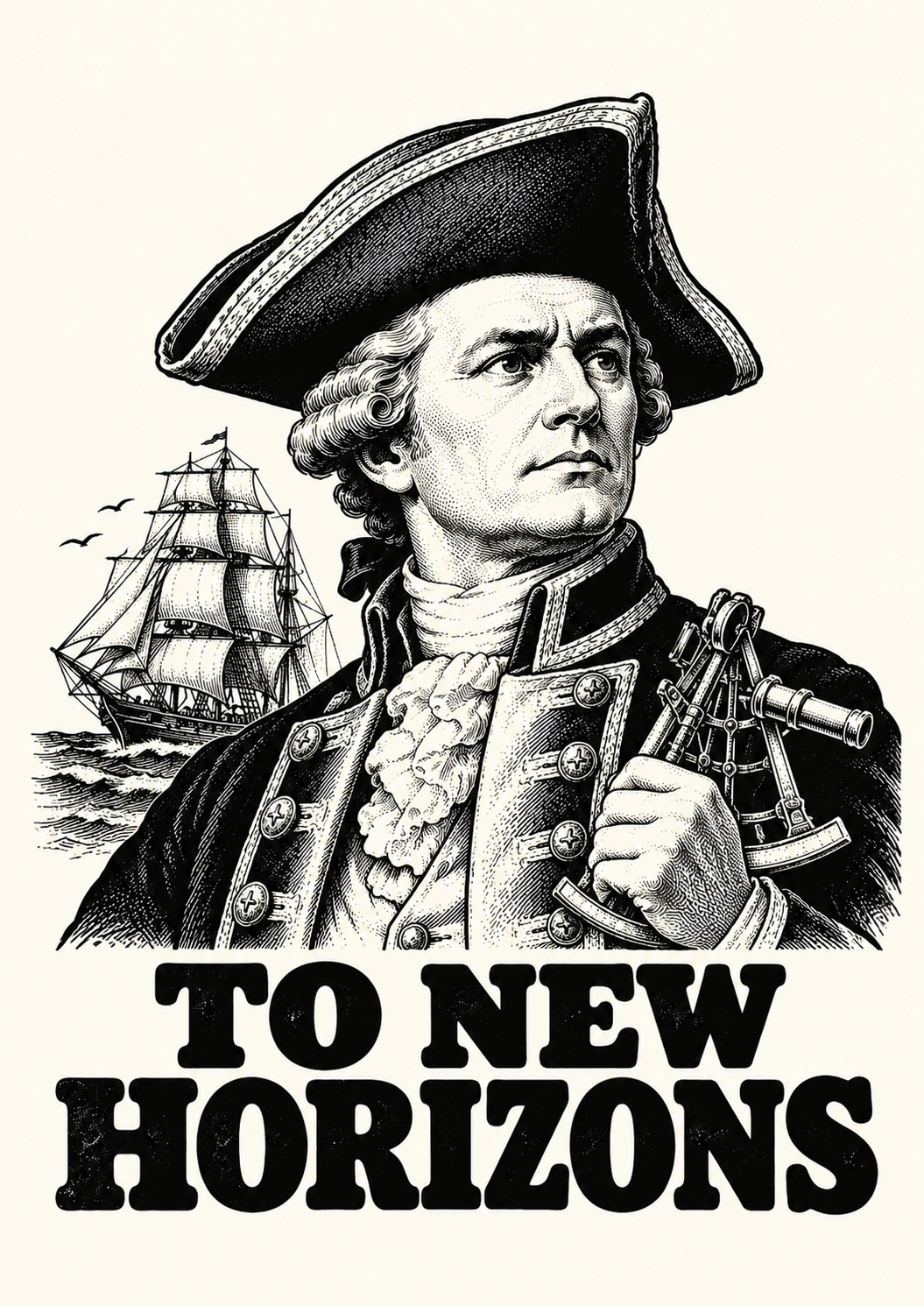 Captain James Cook vintage black and white portrait print – To New Horizons – Royal Navy Legends