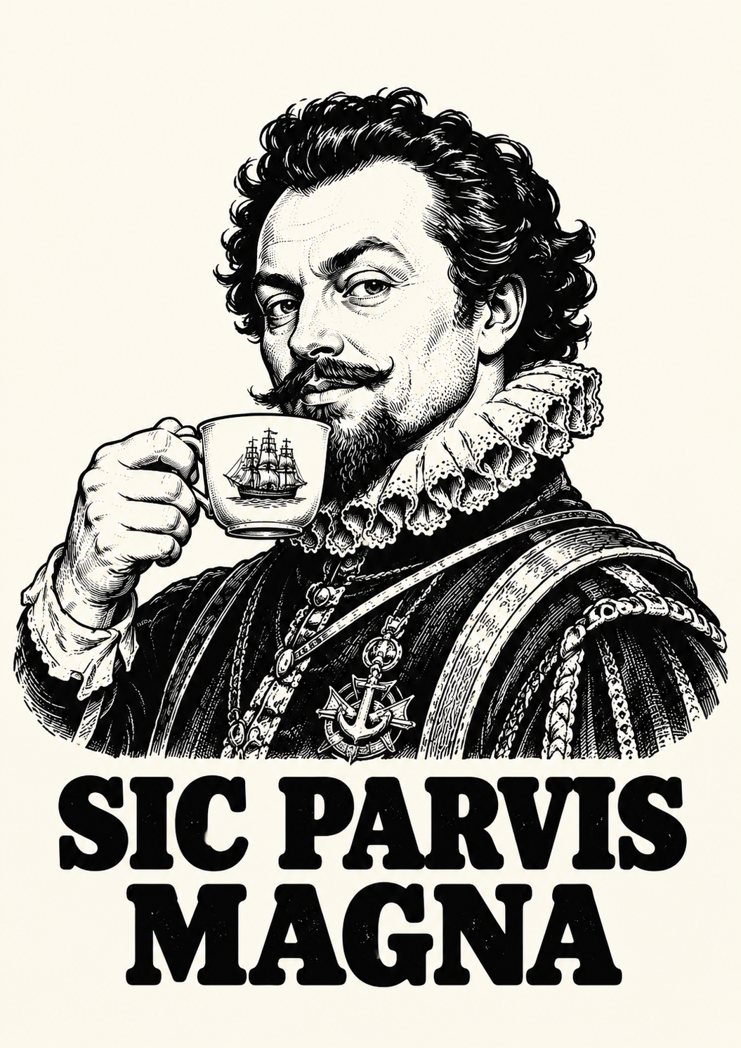 Sir Francis Drake vintage black and white portrait print – Sic Parvis Magna – Royal Navy Legends