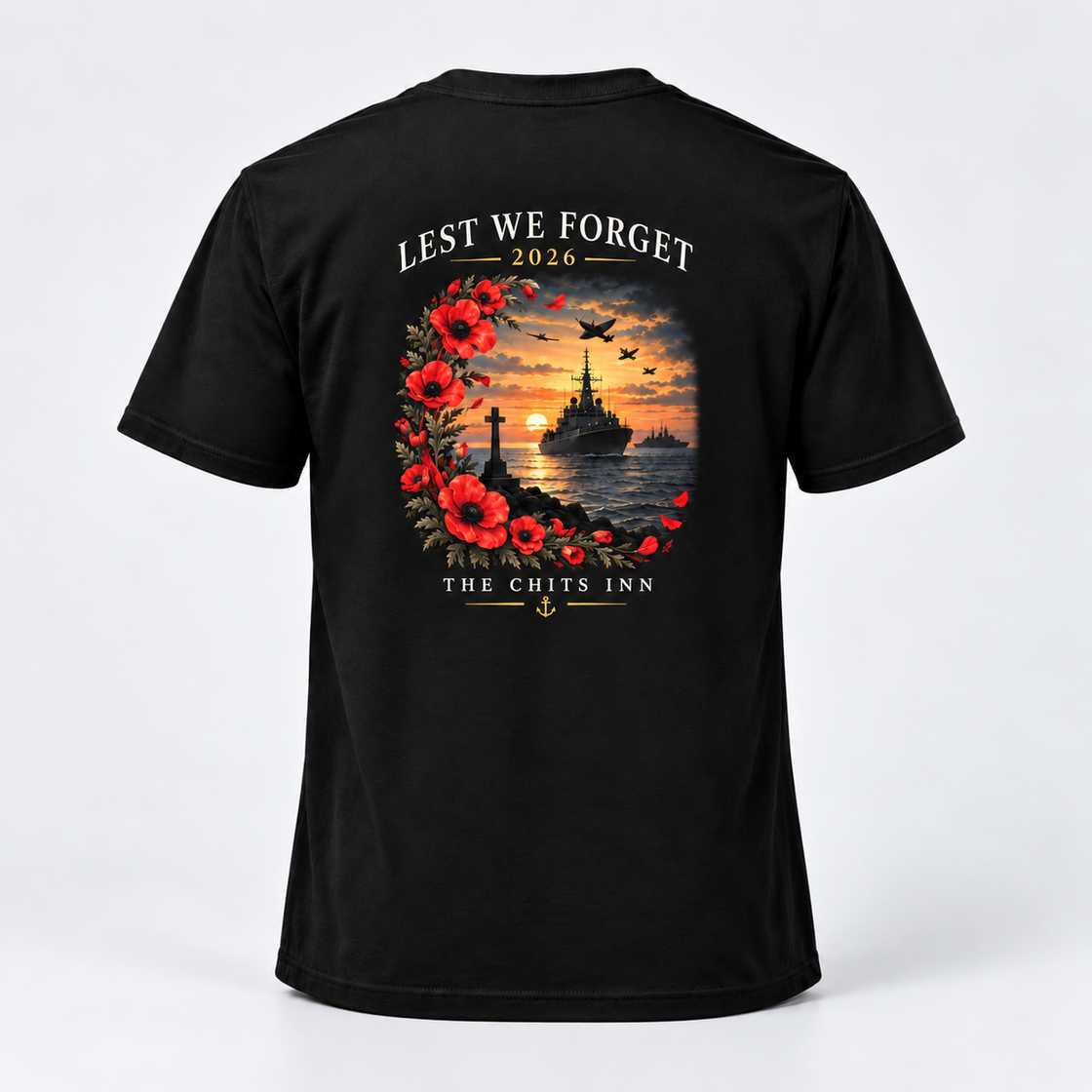 The Chits Inn Lest We Forget 2026 Remembrance T-Shirt back