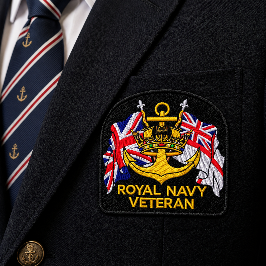 Royal Navy Veteran embroidered black-backed patch worn on black blazer breast pocket with Royal Navy striped tie